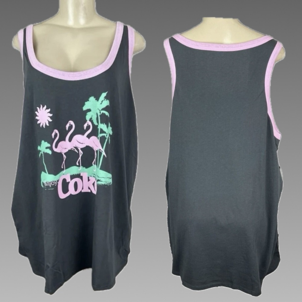 Coca-Cola 5X Gray Pink Flamingo Palm Trees Tropical Graphic Tank Top Scoop Neck - Picture 1 of 7